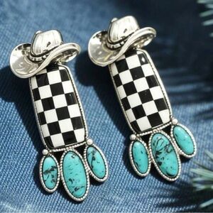 Western Earrings Turquoise & Black Checkered Cowboy Hat Drop Earrings